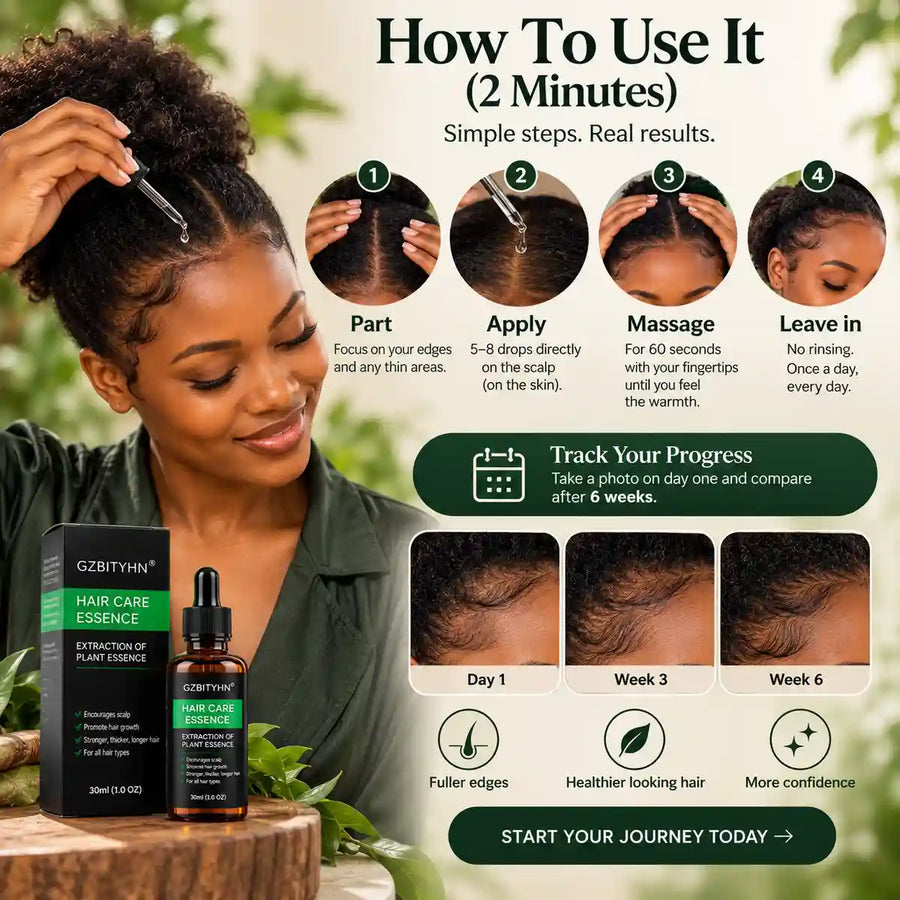 A woman applying ginger hair oil to her edges with the glass dropper